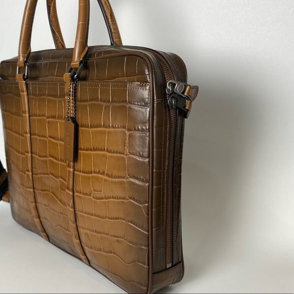 Coach Brown Croc-Embossed Laptop Bag - Picture 8 of 14